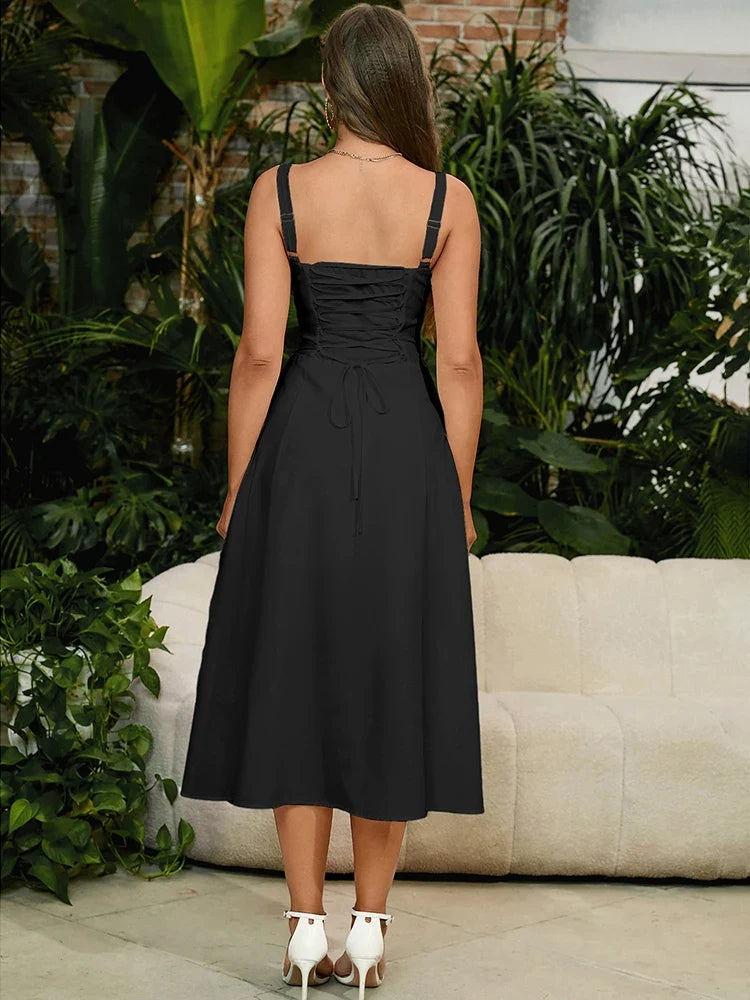Summer Sweet Solid Sleeveless Long Dress Women Fashion Bandage Camisole Dresses Padded Boned Robe Elegant Party Vestidos