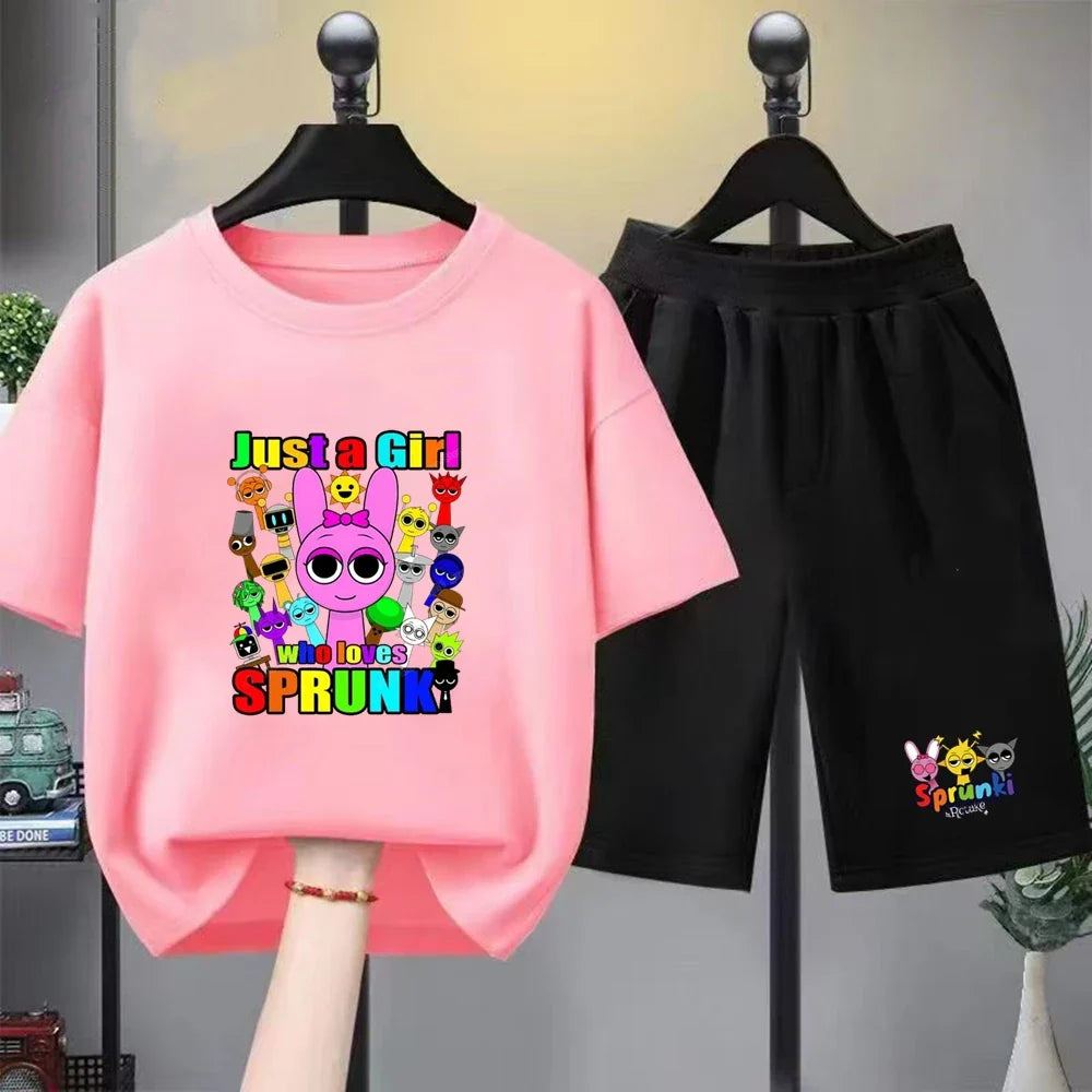 Summer Clothes Boys Girls Age 3-12 Tee+shorts suit Children Short Sleeve T-shirts Child  Casual Pink Black Fashion Game graphics