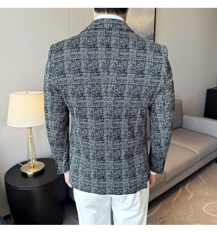 High Quality Meteor Grid Suit Jackets Men British Style Slim Fit Business Casual Fashion Blazers Formal Men Wedding Party Tuxeds