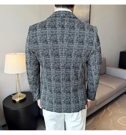 High Quality Meteor Grid Suit Jackets Men British Style Slim Fit Business Casual Fashion Blazers Formal Men Wedding Party Tuxeds