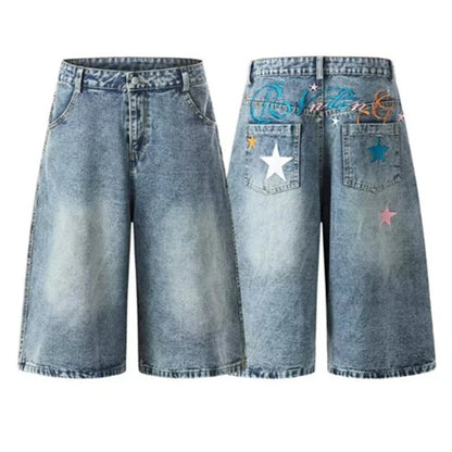 New Letter Star Embroidered Baggy Short Jeans For Men High Street Fashion Straight Y2K Jorts American Retro Blue Denim Shorts