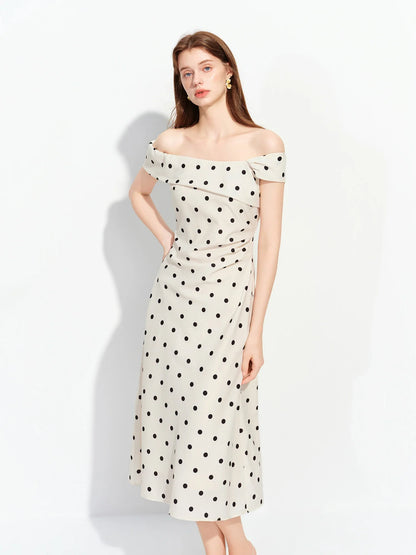 Women's 2026 Summer New French Vintage Polka Dot One-Shoulder Waist Dress Elegant High Waist A-Line Slim Fit Date Dress