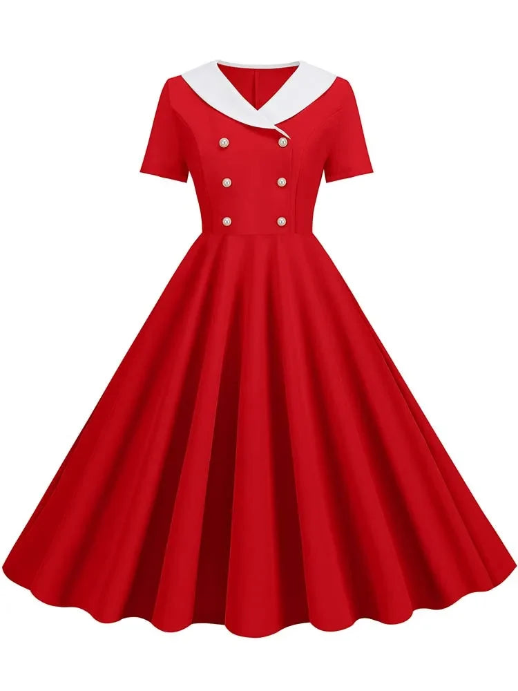 Summer Midi Dress Women Elegant Pink Vintage Party Sundress Casual Peter pan Collar Short Sleeve Dress