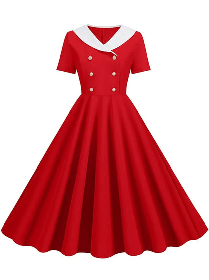 Summer Midi Dress Women Elegant Pink Vintage Party Sundress Casual Peter pan Collar Short Sleeve Dress