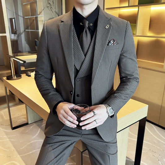 Luxury Stripe Men Suit Korean Version Fashion Elegant Slim Fit Tuxedo Formal Groom Wedding Social Suits