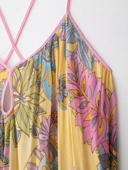 Sexy Floral Print Chiffon Print Loose Dress Women Cami Loose Beach Dress Fashion 2025 Summer Backless Female Dress