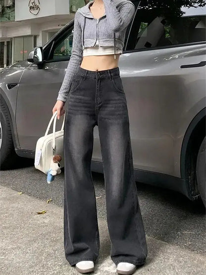 Casual High Waist Jeans Denim Loose Fit Personality Vintage Black Gray Straight Leg Wide Leg Trousers Women Women's pants