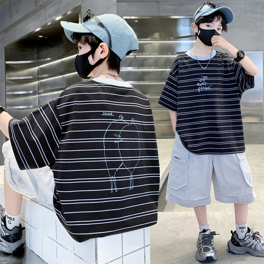 2026 Kids Top and Bottom Clothes Summer Set For Tweens Boys Casual Striped Tracksuit Outfit Children Cargo Clothing 2PCS Suit