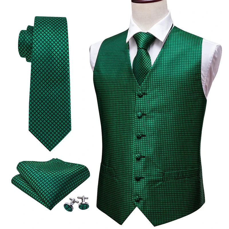 Green Suit Vest Men Paisley Waistcoat Plaid Silk Tie Handkerchief Cufflinks for Wedding Summer Vests Tuxedo MJ-2004 Barry.Wang