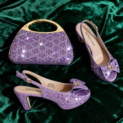 Elegant Italian Women's Party Shoe and Bag Set – Chic Champagne Rhinestone Peep-Toe High Heel Sandals Perfect for Weddings