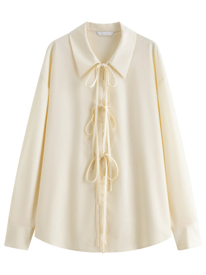 Autumn 2025 Women's French Inspired Blouse - Ruffle Trim Tie Front Loose Fit Shirt Collar Top Soft Blend Daily Wear