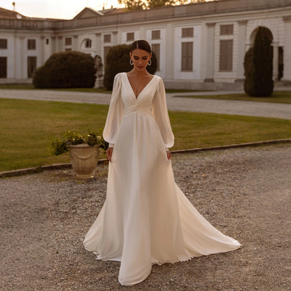 Chiffon A-Line Civil Wedding Dress Puff Sleeve V Neck Backless Vestido Noiva Minimalist Ivory Bride Party Gowns Customized