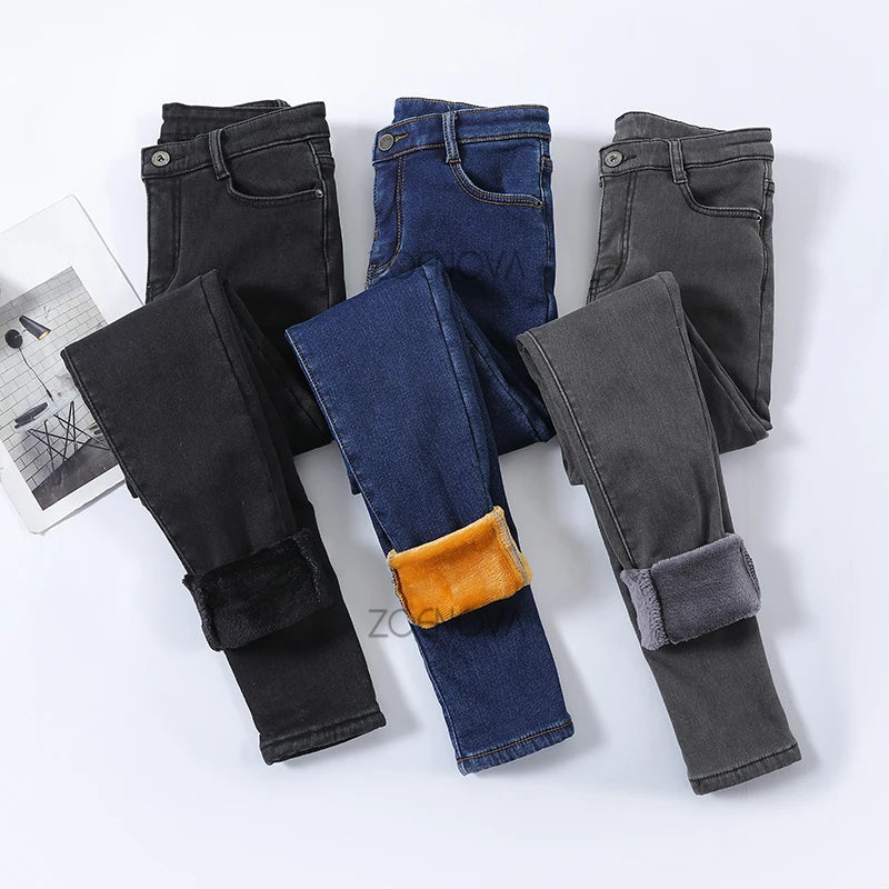 New Women Thick Velvet Jeans Fleece Warm Korean Fashion High Waist Skinny Elastic Pants Jean Casual Legging Winter 2023