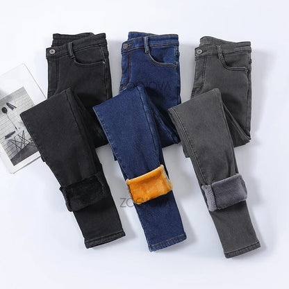 New Women Thick Velvet Jeans Fleece Warm Korean Fashion High Waist Skinny Elastic Pants Jean Casual Legging Winter 2023