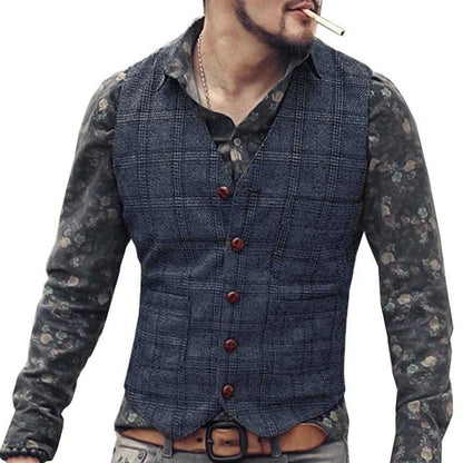 Men Vest Gray Checkered Single Button V Neck Waistcoat For Wedding Party Prom Business Work Office Daily Casual Men Suit Vest