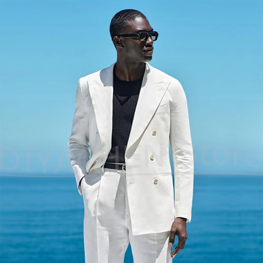 Men White Linen 2 Piece Suit Double Breasted Blazer And Pants Formal Wedding Party Gentleman Summer Beach Casual Tuxedo