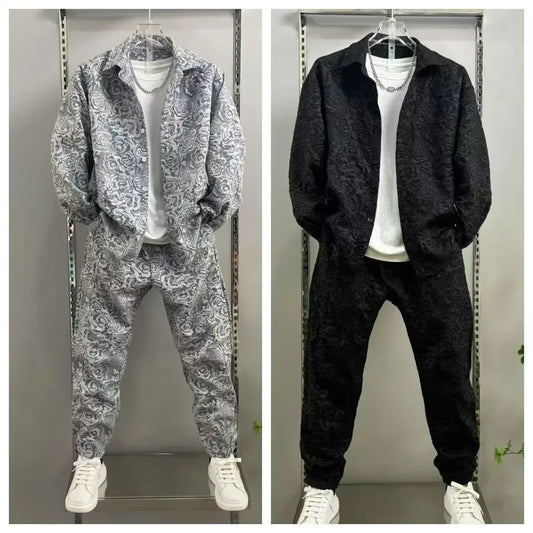 Men's Three-Dimensional Relief Small Fragrance Fashion Shirt Set Casual Versatile Sports Two-Piece Trendy Outfit