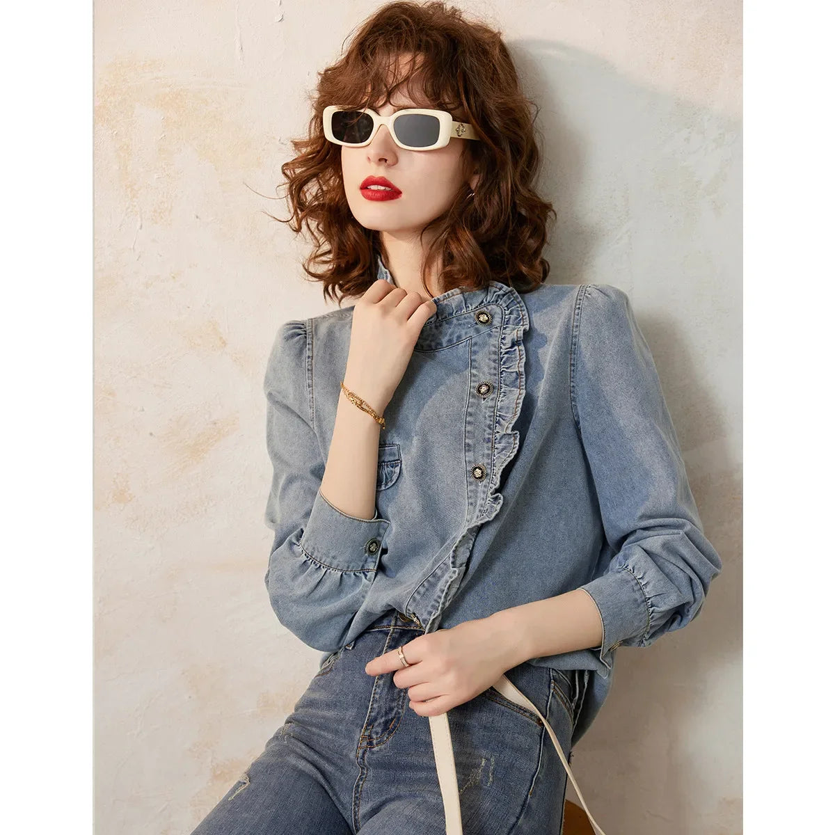 2025 Spring Autumn Palace Style Ruffled Denim Blouse Small Stand Collar Oblique Placket Long Sleeve Shirt for Women