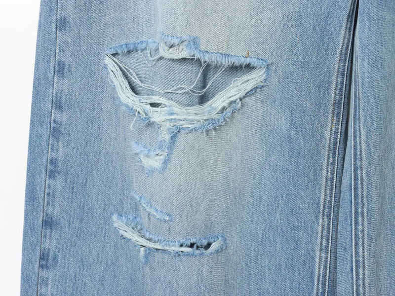 2025 women's new street fashion fold waist mid waist washed ripped jeans loose version of the floor-length pants