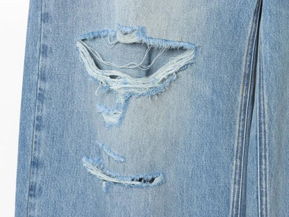 2025 women's new street fashion fold waist mid waist washed ripped jeans loose version of the floor-length pants