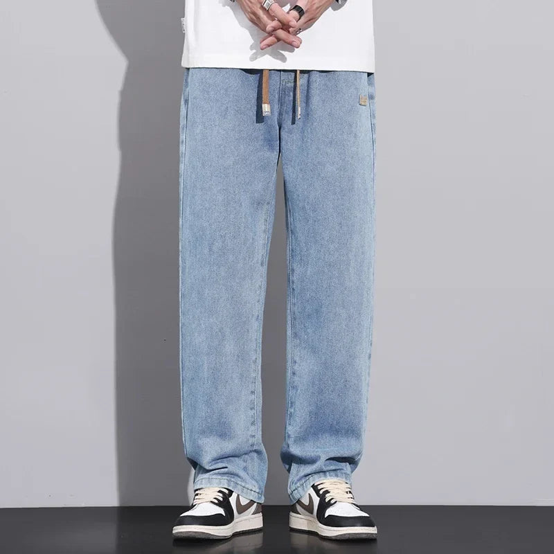 Men Dark Blue Blue Stretch Elastic Waist Denim Pants Streetwear Loose Full Length Trousers Straight Wide Leg Drawstring Jeans