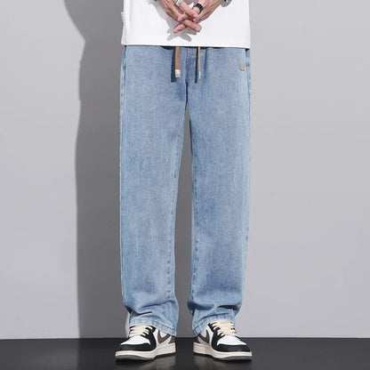 Men Dark Blue Blue Stretch Elastic Waist Denim Pants Streetwear Loose Full Length Trousers Straight Wide Leg Drawstring Jeans