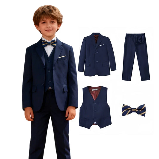 24 Hours Ship Navy Blue Suit Set for Kids 3-14 Yrs Boys Communion Suits (Jacket + Pants + Vest + Bowtie) Birthday Tuxedo