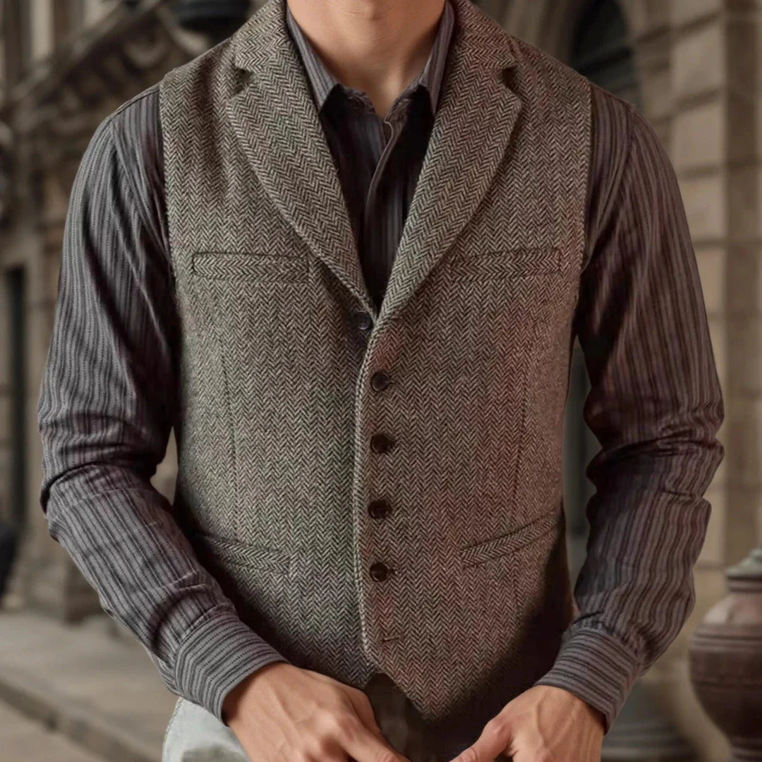 Men Vest Gray Herringbone Single Button With Lapel Waistcoat For Wedding Birthday Banquet Business Work Office Men Suit Vest