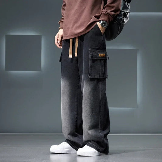 8XL Jeans New Wide Leg Washing Pants Men Trousers Neutral Solid Color Loose Casual Korean Fashion Pocket Plus Size Cargo Pant