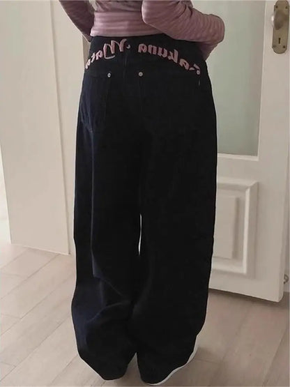 High Waist Bastitch Letter Print Denim Jeans Women's Summer New Sle Sweet Cool Spicy Girl Trendy Long Pants