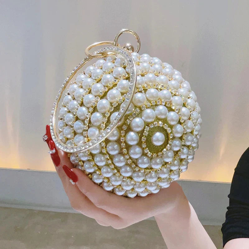 Round Pearl Clutch Purse Handbag Luxury Elegant Evening Bag Ring Handle For Women Bride Bridesmaid Wedding Party Handbag Purses