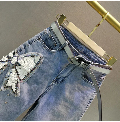 Ladies' Beaded and Sequined Denim Cropped Pants, New Summer Style, Raw-edge Straight-cut, Slim-fitting, Versatile Shorts