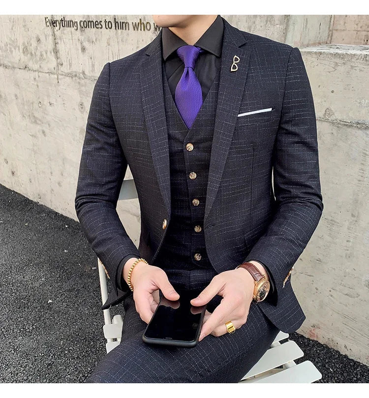 High Quality Slim-fit Men's Three-piece Suit with Vest And Trousers - Double Buckle Wedding Art Fabric Tough Man Suit