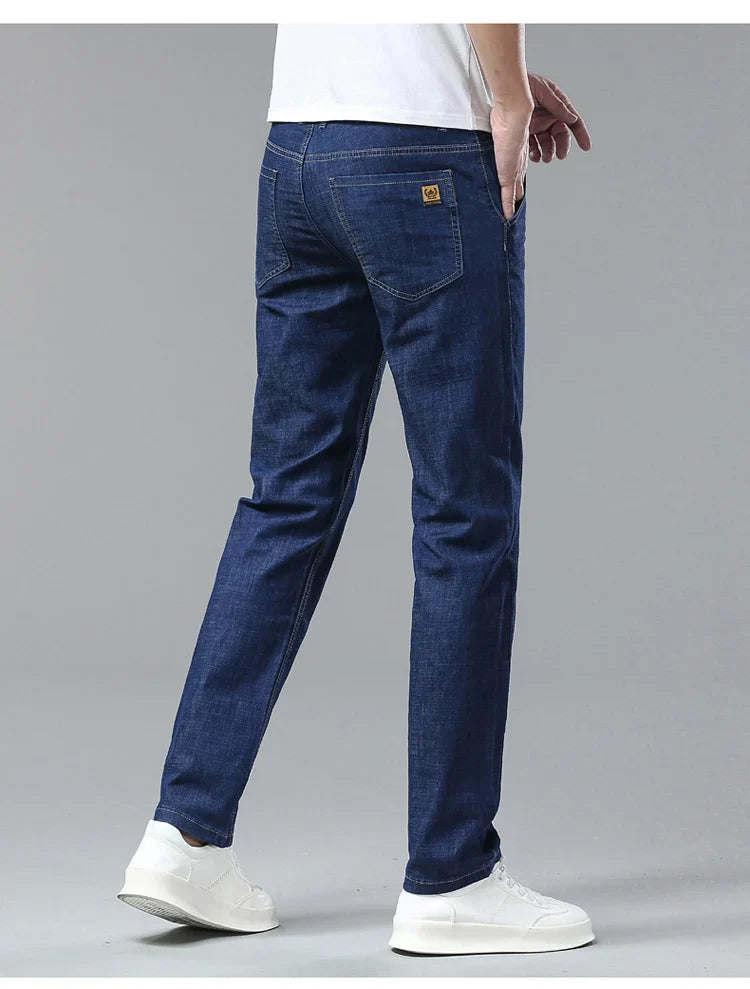 Light Blue Classic Business Casual Cotton Pants Fashion Breathable Denim Elastic Trousers Brand Men's Clothing Straight Jeans