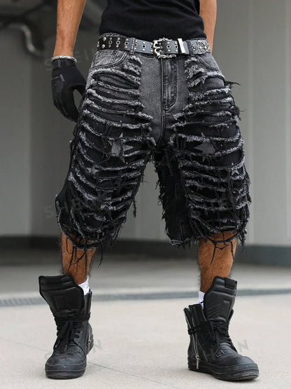 Men's Gothic Vintage Aesthetic Black Washed Ripped Denim Shorts, Summer Trendy Loose Raw Edge Fringed Five-Point Pants