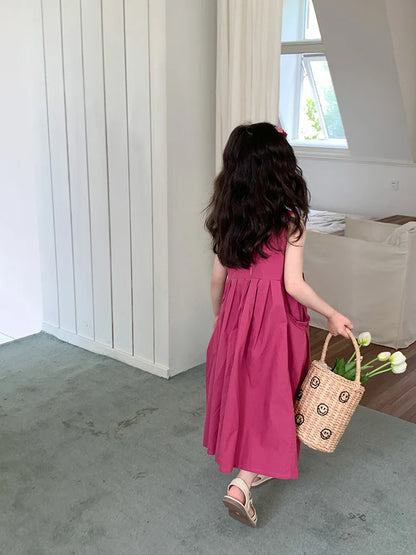2026 New Summer Children Girls Sleeveless Dress Teen Solid Color Cotton Loose Casual Sundress Kids Vacation Style Princess Dress
