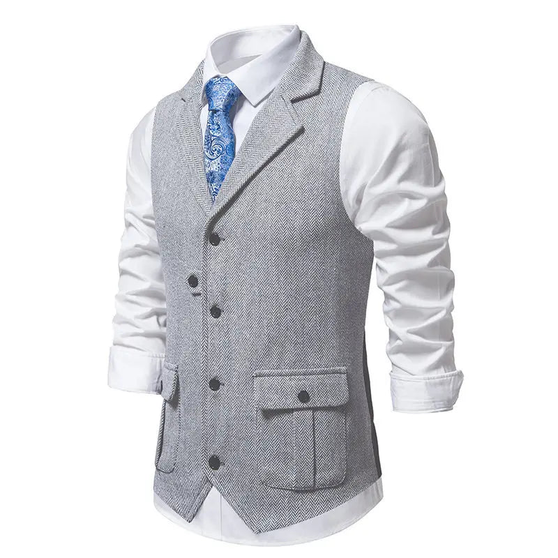 Tailored Collar Vest for Men Single Breasted Herringbone Tweed Suit Vest Mens Formal Striped Waistcoat Punk Groomsmen Wedding