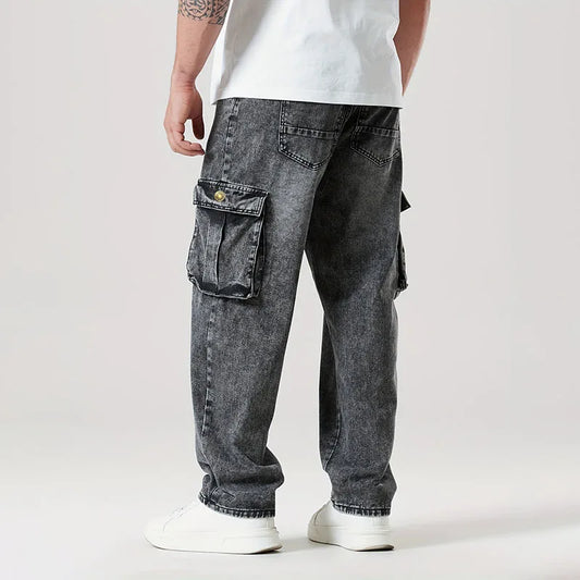 Korean Casual Comfortable Loose Fitting Jeans For Men Large Pocket Jeans Seasons Straight Leg Pants Work Pants