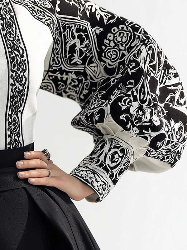 Modigirl Vintage Court Style Black and White Floral Print Blouse Women 2026 Spring Summer High Neck Puff Sleeve Elegant Shirt