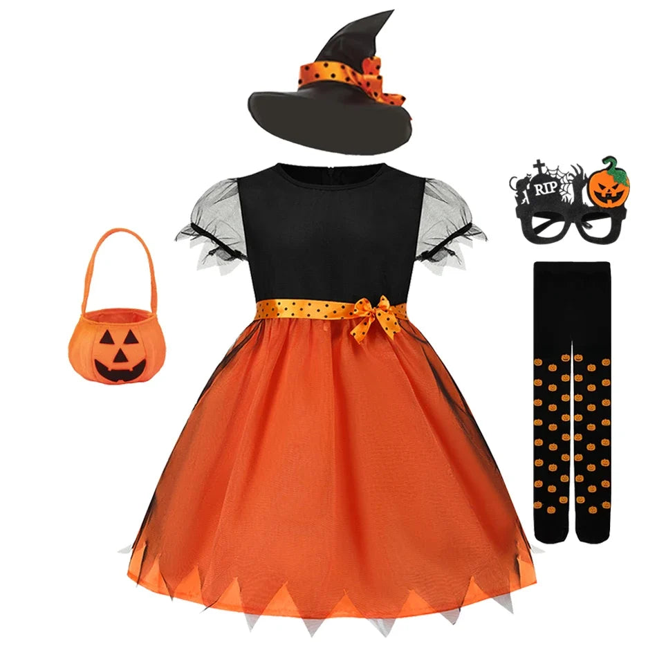 2026 Children's Pumpkin Costume Role Playing Girls Dress Carnival Party Halloween Cosplay Performance Kid Outfit
