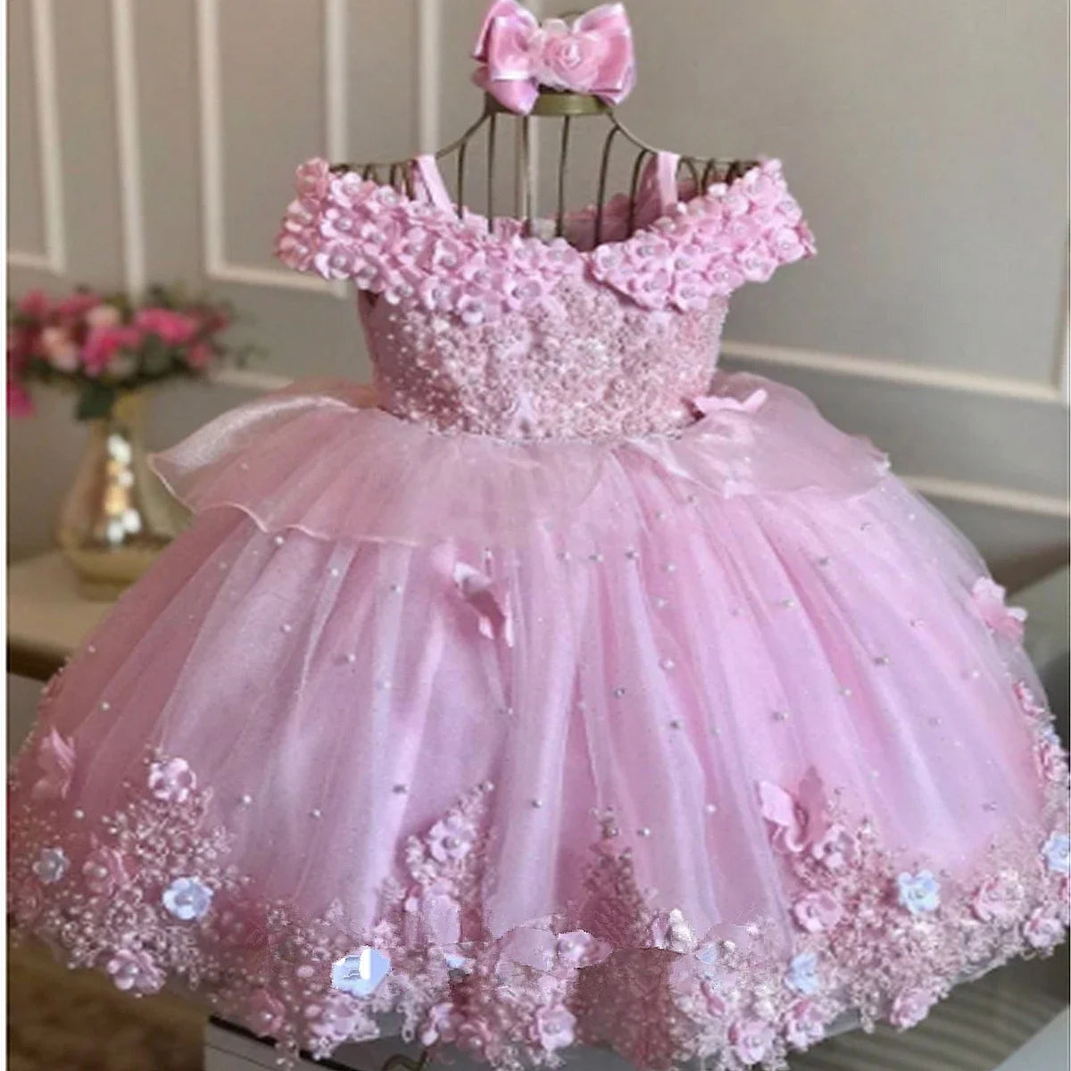 Baby Girl Birthday Dress Lace Pearls Infant Tutu Dress Princess Flower Girl Dress Cap Sleeve Long Party Gown