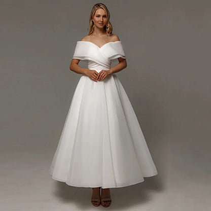 Short Wedding Dress Customized Off The Shoulder V Neck Simple A Line Organza Bridal Gown Tea Length Vestido De Noiva