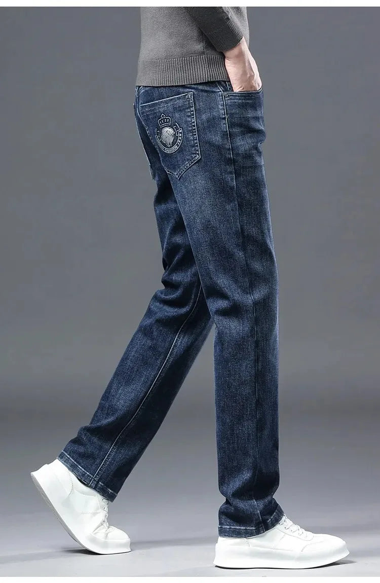 2026 Four Seasons Fashion Brand Straight Leg Jeans Men Business Casual Loose Stretch Long Pants Trousers