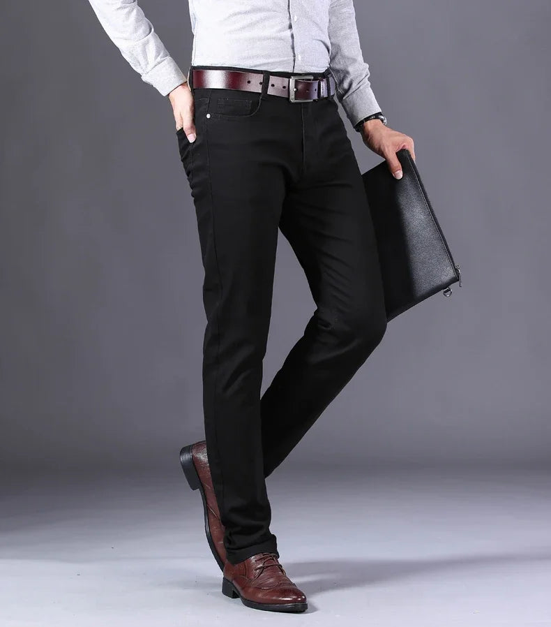 Brand Classic Style Men's Wine Red Jeans Fashion Business Casual Straight Denim Stretch Trousers Male Denim Pants Korean reviews