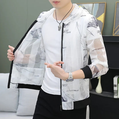 Men's Summer Mesh Sun Protection Clothing Trendy Stripe Print Ice Silk Cool Feeling Breathable Quick Dry Hooded Jacket