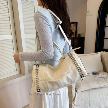 New Y2K Fashion Retro Rivet Tote Bag Women's High-end Handbag Large Capacity Motorcycle Shoulder Bag Daily Commute Crossbody Bag