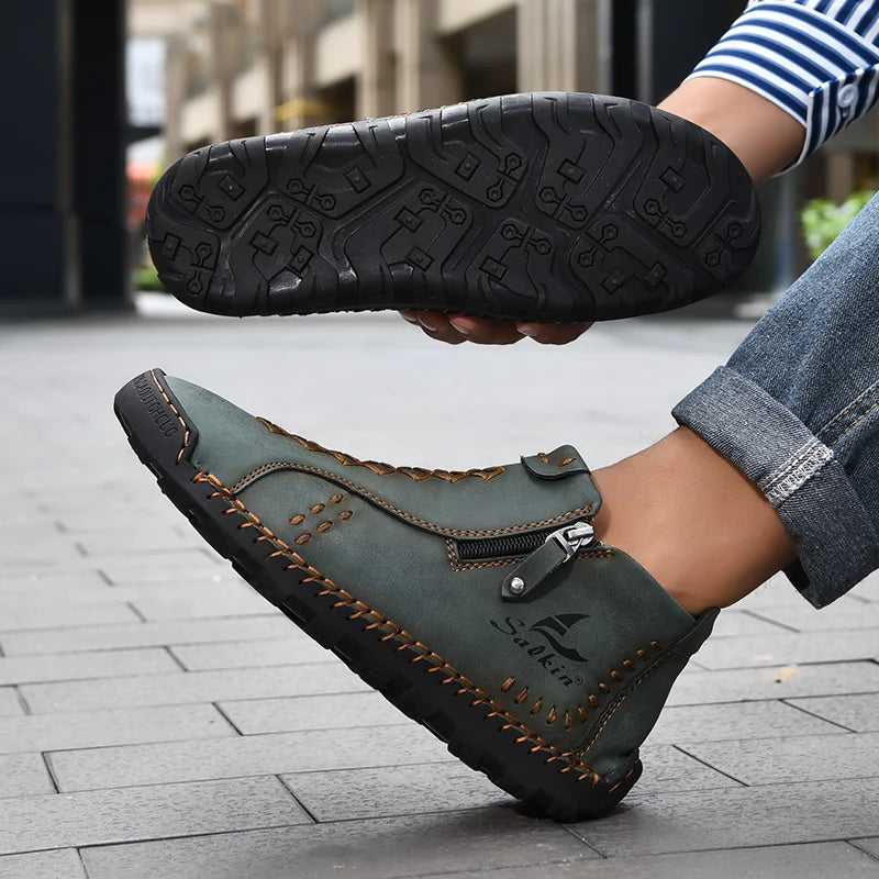 New Winter 2024 Handmade Leather Men Boots Zipper Design Sneakers Man Breathable Casual Leather Shoes Men Ankle Boots Outdoor