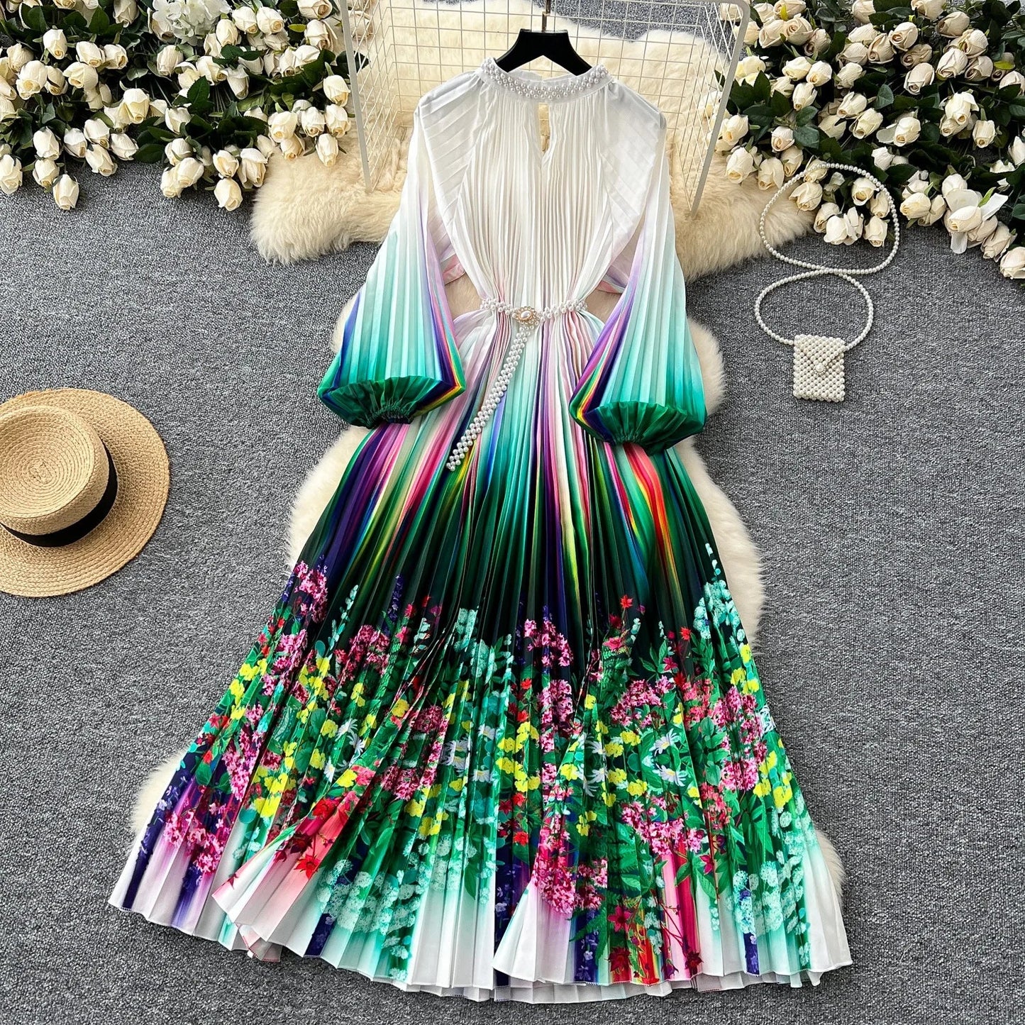 Ele High-End Women's Dr Faionable Beaded round Ne Hollow out Pleated Lantern Sve Waist Cinched Floral Print Lon...