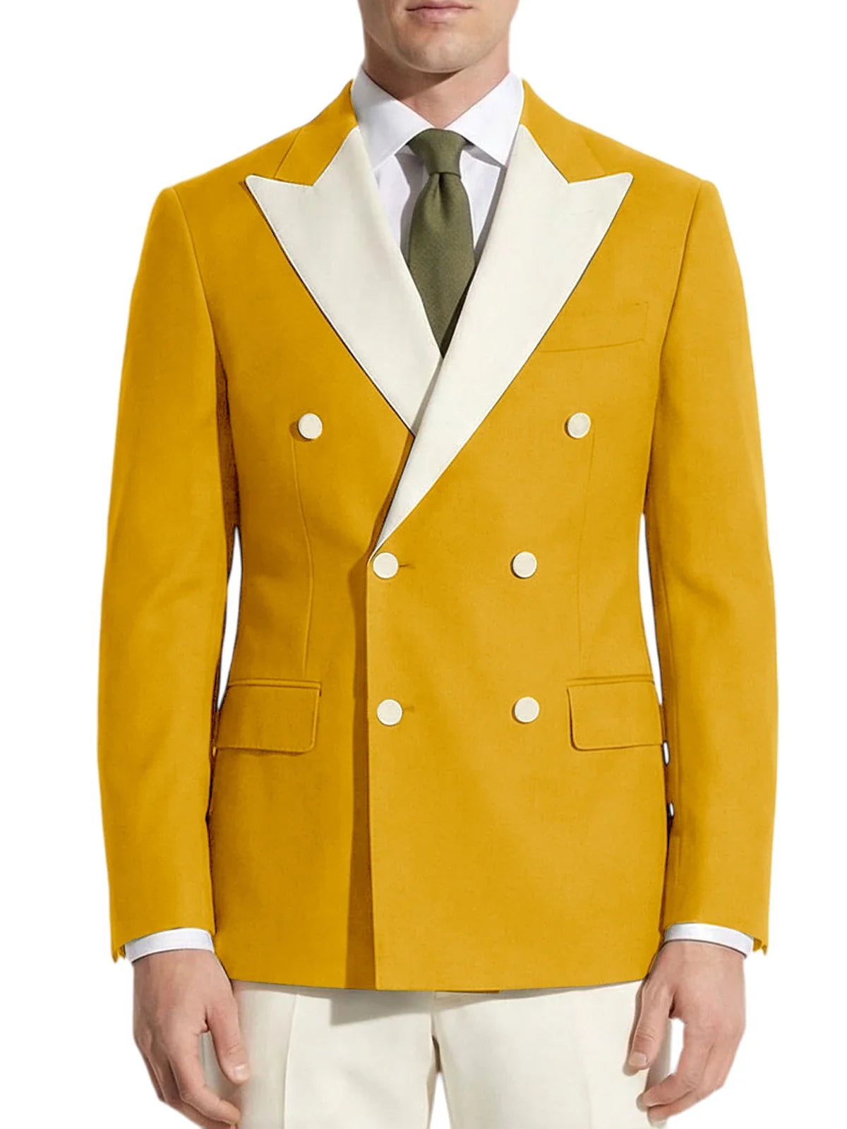 Classic Men's Tuxedo Jacket White Peak Lapel Patched Double Breasted Slim Fit Blazer for Business Formal Wedding Groom Prom Coat