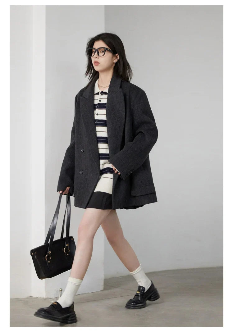 Women Woolen Blazer Loose Vintage V Neck Female Jacket Suit Double Breasted Office Ladies Coat Spring Autumn 2025